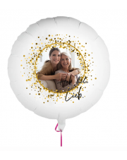 Fotoballon bedruckt mit einem Motiv zum Muttertag mit dem Text "Hab dich Lieb" auf einem Geschenkballon