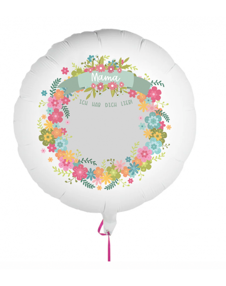 Fotoballon bedruckt mit einem Motiv zum Muttertag mit dem Text "hab dich lieb Mama" auf einem Geschenkballon