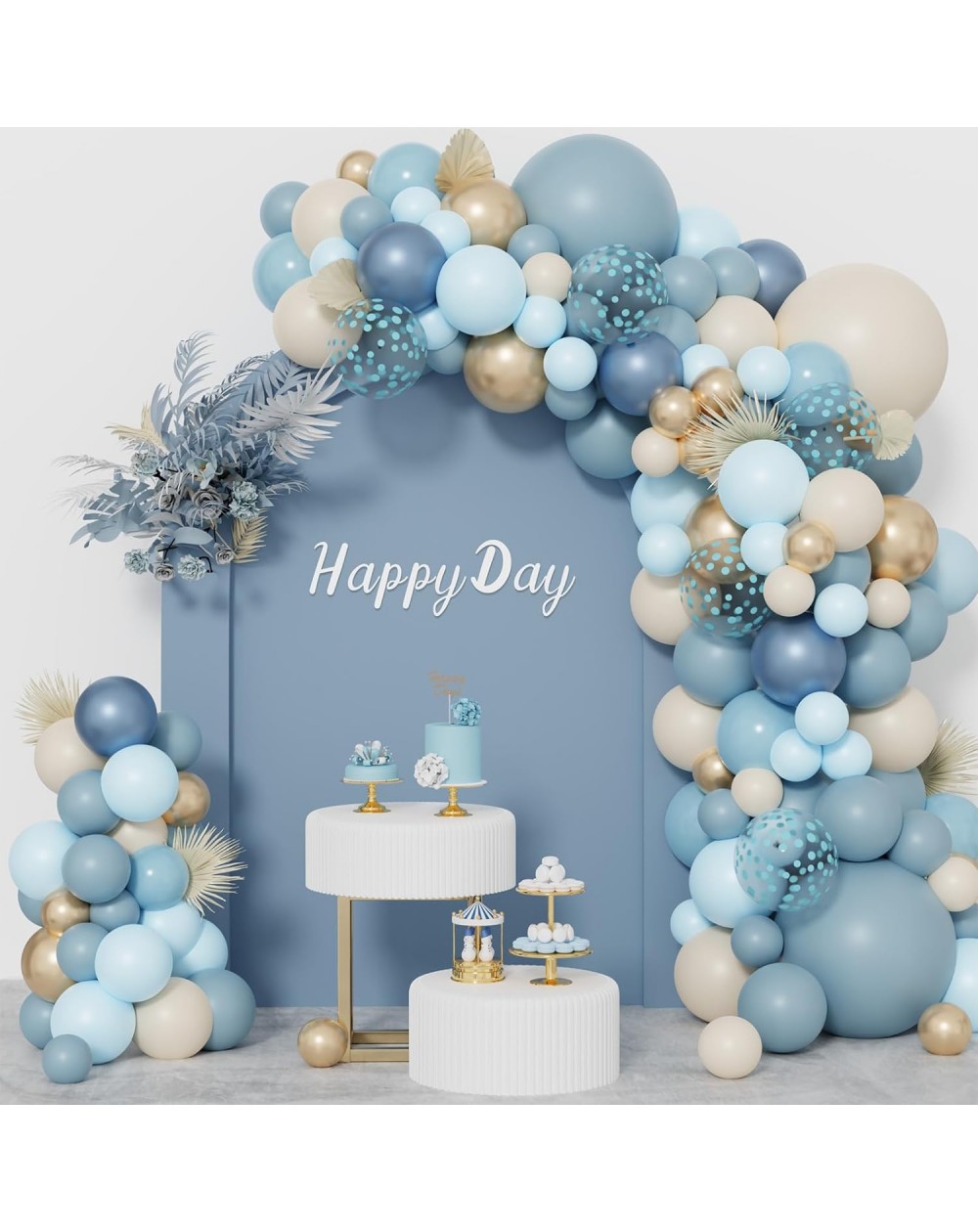 DIY Ballongirlande-Set "Happy Day" blau/gold/beige/konfetti 148 Teile
