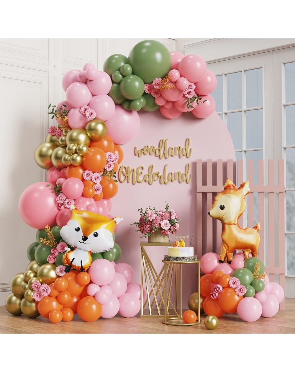 Ballongirlande-Set DIY "Woodland" rosa/grün/gold/orange 128 Teile